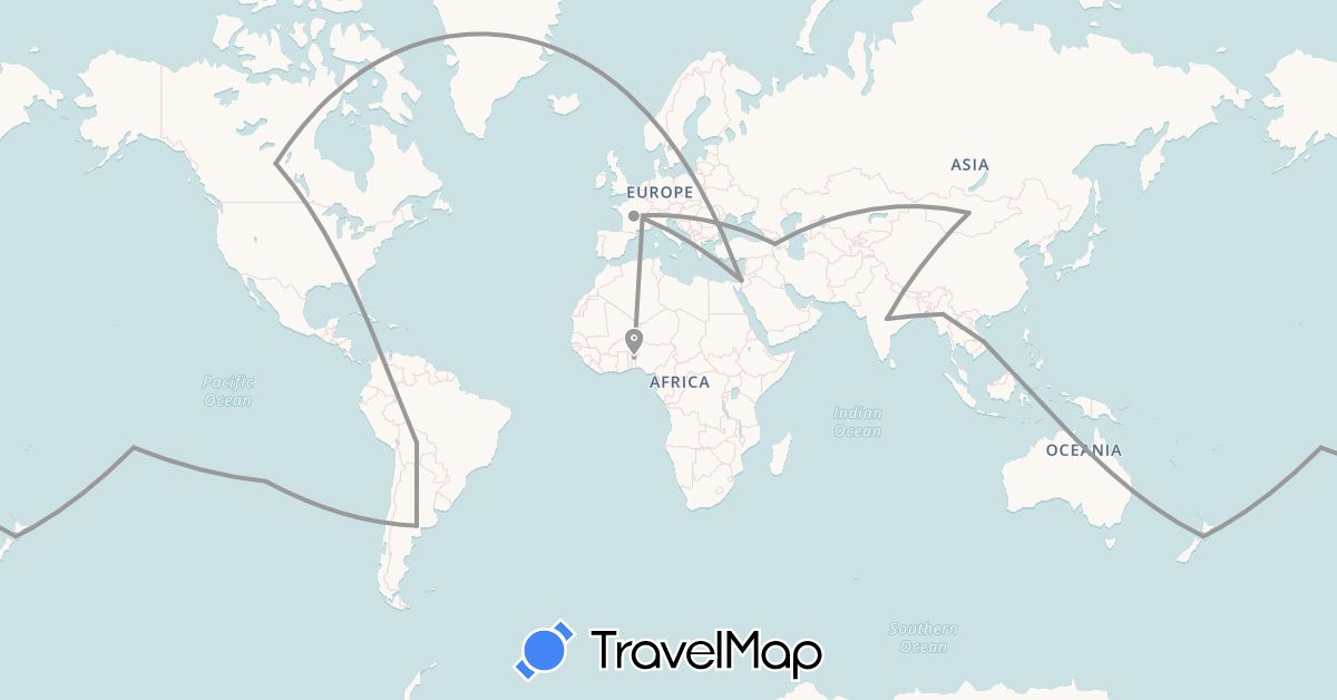 TravelMap itinerary: plane in Benin, France, New Zealand (Africa, Europe, Oceania)